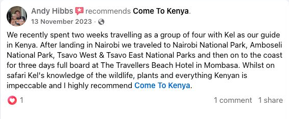 Facebook recommendation from Andy Hibbs for Come To Kenya