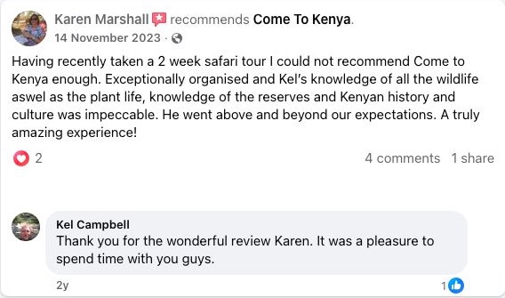 Facebook recommendation from Karen Marshall for Come To Kenya